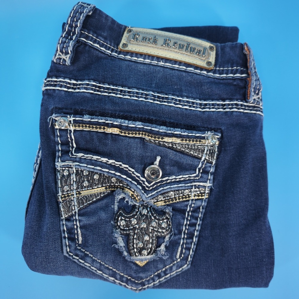 Rock Revival Easy Skinny Jeans Women 31 Cellis E5204 Embellished Flap Pockets